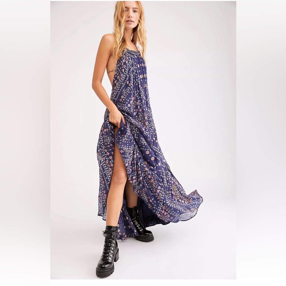 Free People $230 Lace Up Beaded Maxi Dress Open Back Glitter Strappy  (BNWOT)